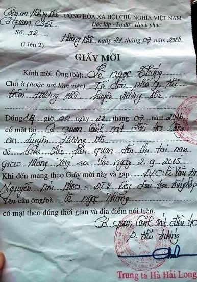 Giấy mời nhân chứng của cơ quan điều tra huyện Hương Khê sau phiên tòa sơ thẩm