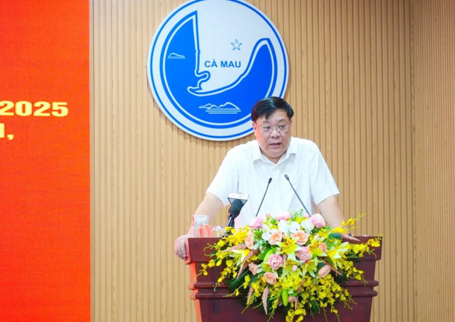 Ông Phạm Thành Ngại - Phó Bí thư Tỉnh ủy, Chủ tịch UBND tỉnh Cà Mau, báo cáo về tình hình phát triển kinh tế - xã hội tỉnh (Ảnh: Bích Ngọc).