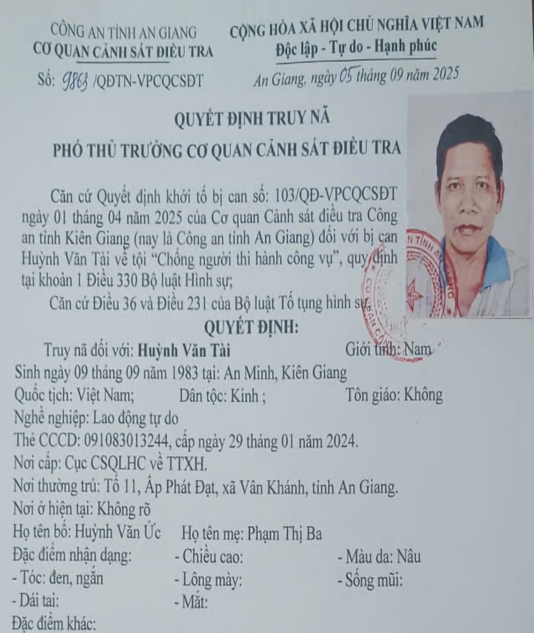 Quyết định truy nã Huỳnh Văn Tài