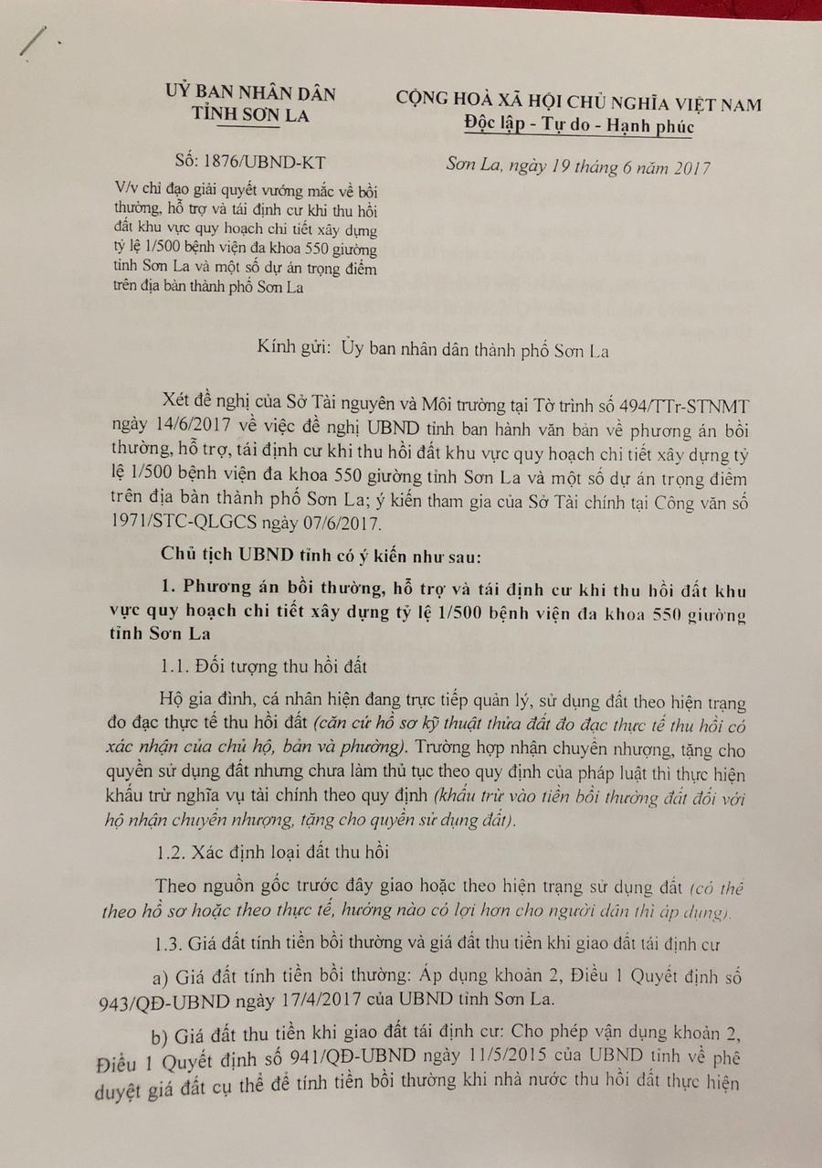 Công văn số 1876 của UBND tỉnh Sơn La chỉ đạo giải quyết vướng mắc về bồi thường hỗ trợ tái định cư khi nhà nước thu hồi...và cơ chế cho mua đất dự án.
