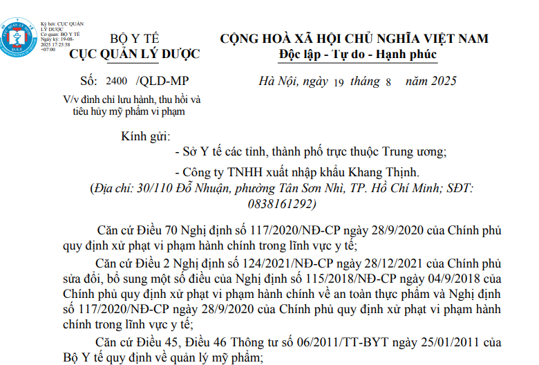 Một phần công văn gửi tới Sở Y tế các tỉnh, thành phố trực thuộc trung ương; Công ty TNHH xuất nhập khẩu Khang Thịnh về việc đình chỉ lưu hành, thu hồi và tiêu hủy mỹ phẩm vi phạm. (Ảnh chụp màn hình)