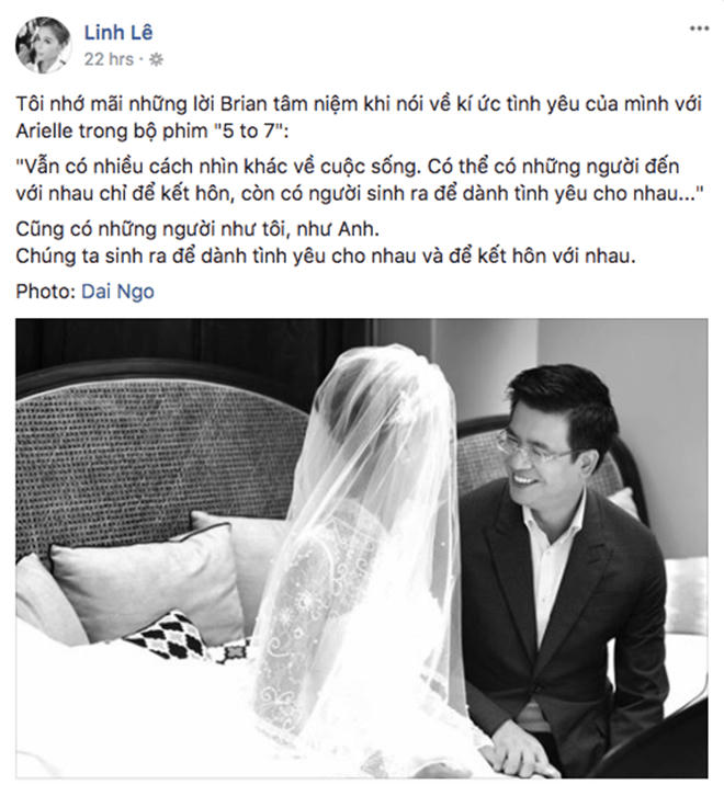 Cách đây hai ngày 14/9, nữ nhà văn Linh Lê bất ngờ chia sẻ trên trang cá nhân một bức ảnh cưới với lời đề tựa vô cùng ngọt ngào.