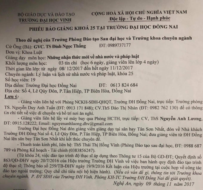 Phiếu báo giảng khóa K25 của Trường ĐH Vinh.