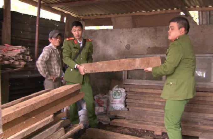 Cơ quan công an tiến hành thu giữ toàn bộ số gỗ. (Ảnh: báo Thừa thiên Huế)