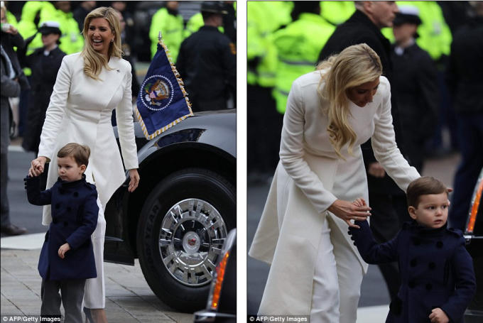 Ivanka Trump cùng con trai tươi cười tham gia đoàn diễu hành tới Nhà Trắng. (Ảnh: AFP)