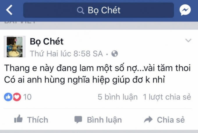 Bọ Chét đăng tin báo lâm nợ nần (Ảnh: chụp từ facebook).