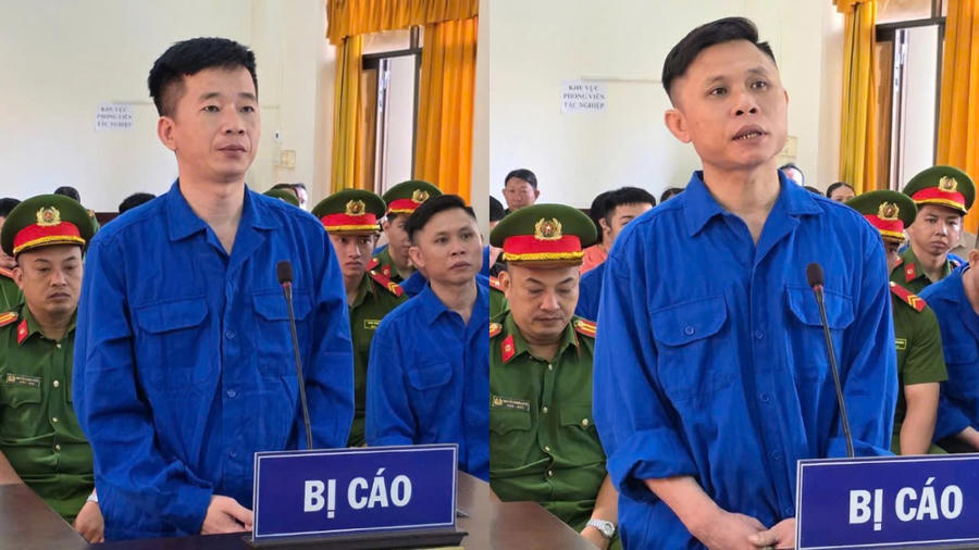02 bị cáo cầm đầu 02 băng nhóm: Nguyễn Văn Thái (Thai bus) và Lê Hoàng Cường (Cường Kobe) (từ phải sang) tại phiên toà sơ thẩm ngày 18/3/2025.