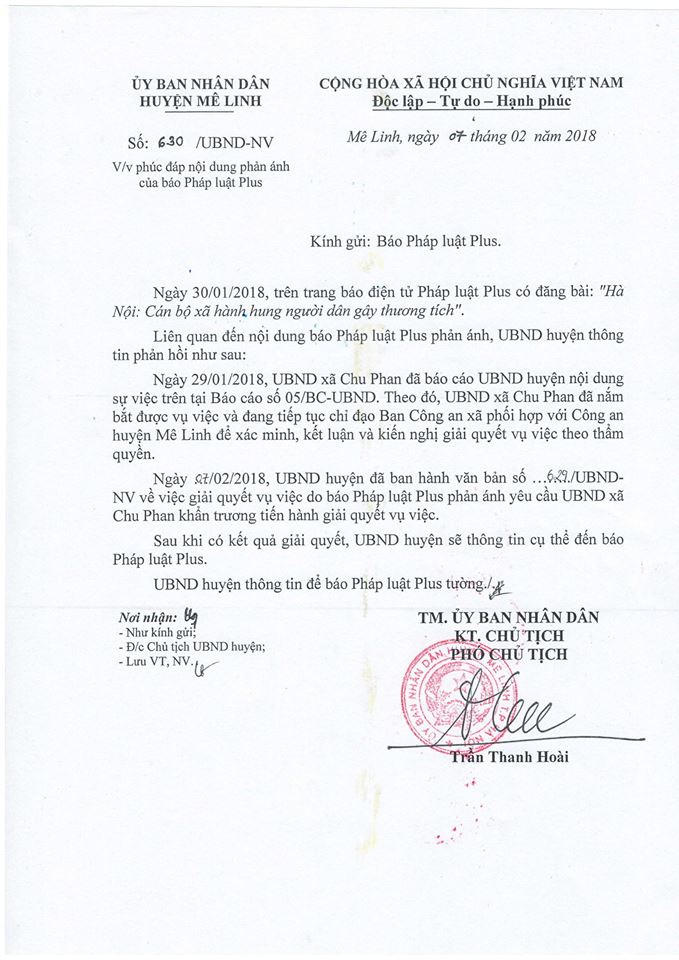 UBND huyện Mê Linh ban hành văn bản phúc đáp sự việc cán bộ xã Chu Phan hành hung người dân gây thương tích.