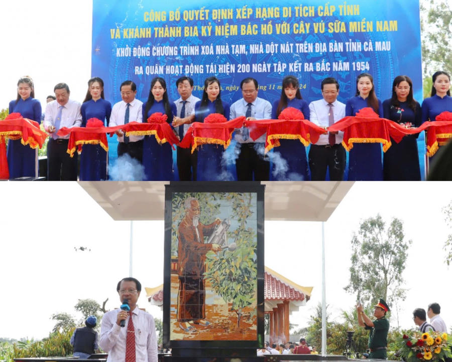 Lãnh đạo tỉnh Cà Mau cùng lãnh đạo Sở, Ban, ngành tỉnh; địa phương, cắt băng Khánh thành tại lễ Công bố Quyết định xếp hạng di tích cấp tỉnh và Khánh thành di tích lịch sử “Bia kỷ niệm Bác Hồ với cây vú sữa miền Nam".
