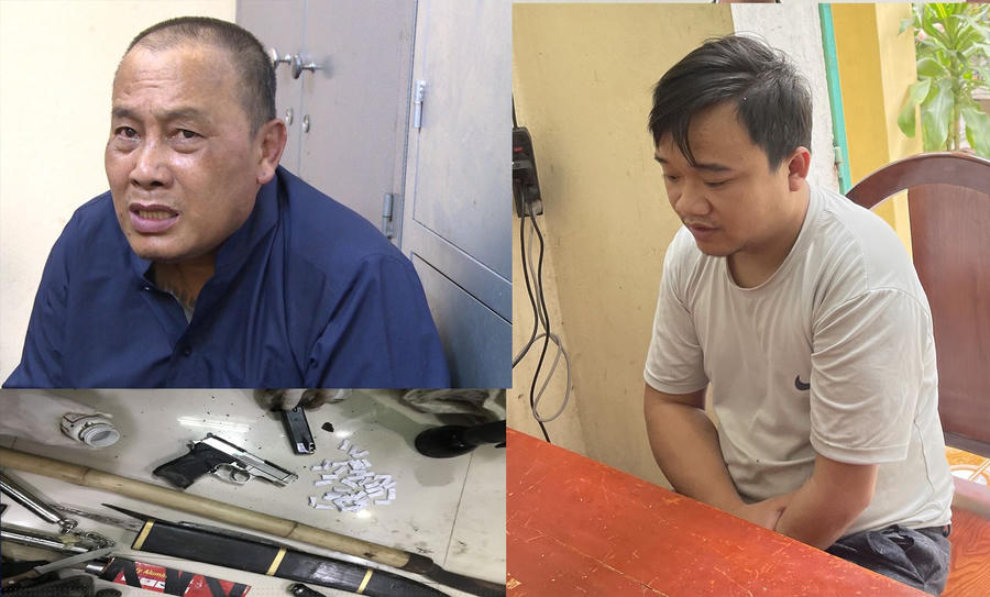 Đối tượng Hồ Văn Hanh (Aó đen) và Nguyễn Hữu Đức cùng các tang vật thu được