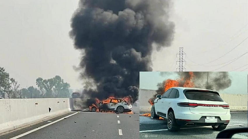 Hiện trường vụ tai nạn (ảnh lớn), chiếc siêu xe bốc cháy nghi ngút sau cú va chạm (ảnh nhỏ).