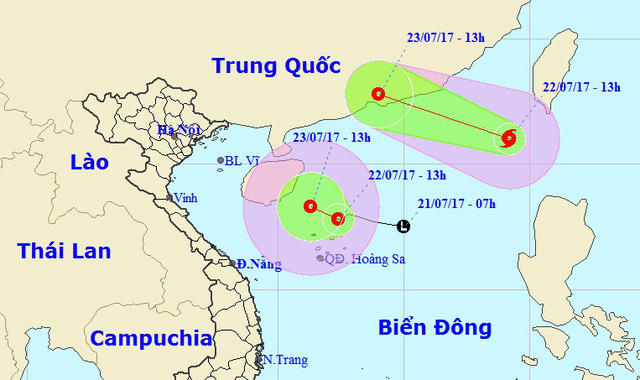 Vị trí và hướng di chuyển của bão số 3 (hình trên) và áp thấp nhiệt đới (Ảnh: NCHMF).