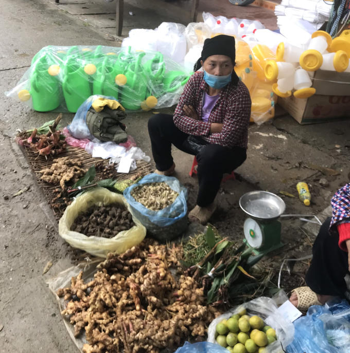 Người phụ nữa dân tộc bán những loại củ của núi rừng
