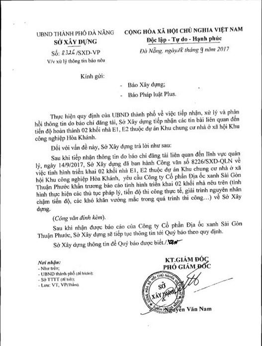 Sở Xây dựng TP Đà Nẵng có công văn phản hồi bài viết của Pháp Luật Plus.