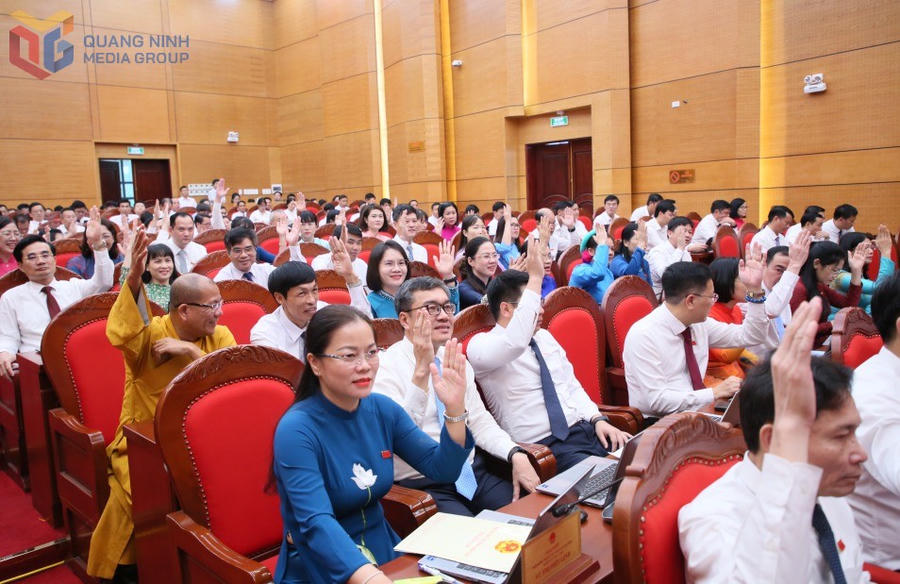 Các đại biểu biểu quyết thông qua Nghị quyết tại kỳ họp. Ảnh QMG