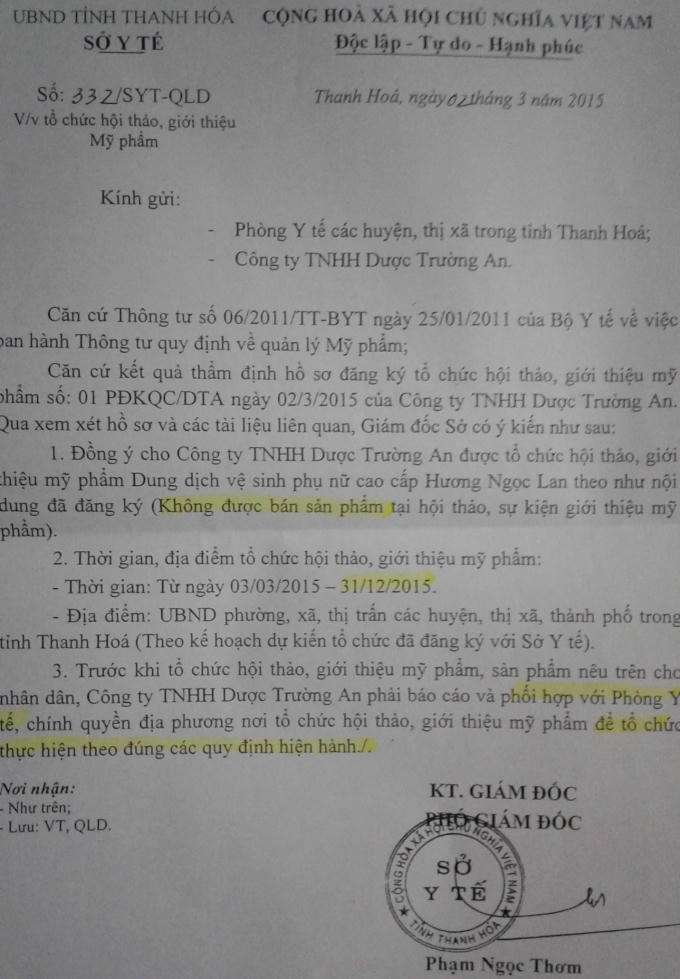 Văn bản cho phép Cty Trường An tổ chức hội thảo đã hết hạn kể từ ngày 1/1/2016.