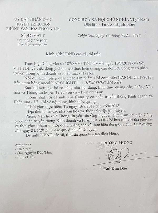 Văn bản đồng ý cho phép quảng cáo sản phẩm của Phòng Văn hóa huyện Triệu Sơn.