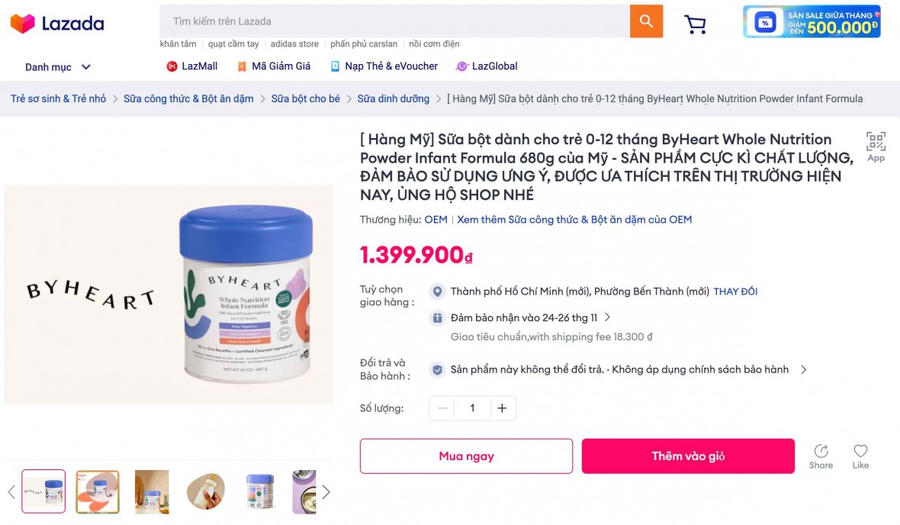 Bộ Y tế yêu cầu gỡ ngay sữa ByHeart khỏi sàn thương mại điện tử.