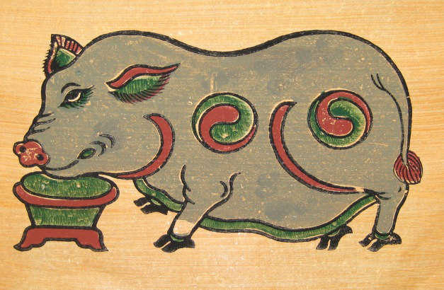 Tranh Đông Hồ "Lợn độc" (lợn ăn cám).