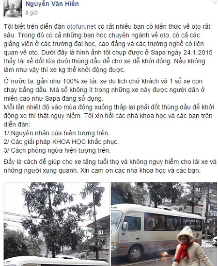 Dòng trạng thái của Facebooker Nguyễn Văn Hiển chia sẻ trong diễn đàn otofun.