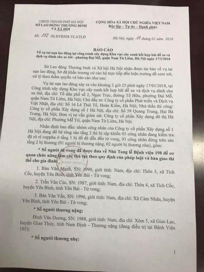 Báo cáo nhanh của Sở Lao động thương binh và Xã hội về vụ sập giàn giáo tại phường Đại Mỗ.