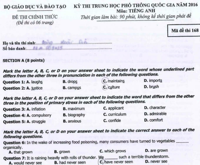 Đề thi v&agrave; đ&aacute;p &aacute;n m&ocirc;n Ngoại ngữ kỳ thi THPT Quốc gia 2016