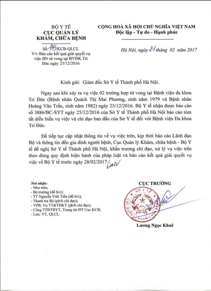 Cục trưởng Cục Quản lý, khám chữa bệnh Bộ Y tế chỉ đạo Sở Y tế Hà Nội khẩn trương xử lý vụ việc dẫn đến chết hai người ở Bệnh viện Trí Đức.