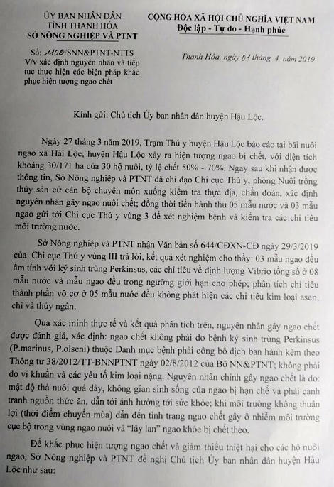 Kết luận nguyên nhân ngao chét hàng loạt của Sở nông nghiệp và Phát triển nông thôn tỉnh Thanh Hóa