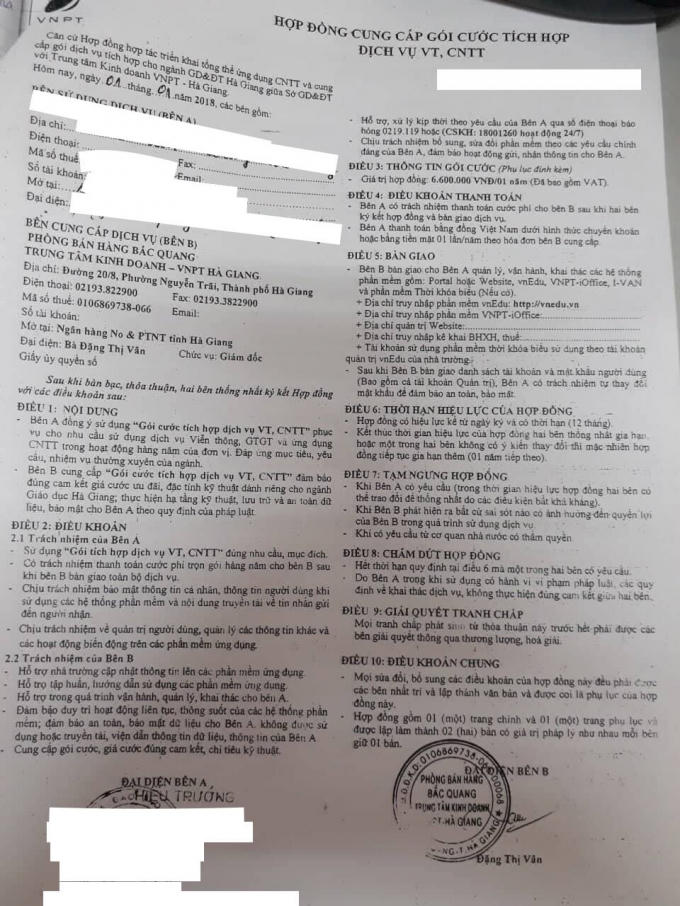 Hợp đồng cung cấp gói cước tích hợp dịch vụ VT, CNTT với nhà cung cấp dịch vụ VNPT Vinaphone trị giá 6.600.00đồng/1năm.