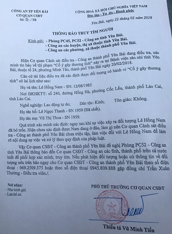Thông báo truy tìm người của Công an TP Yên Bái.
