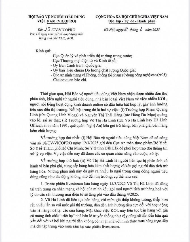 Hội Bảo vệ Người tiêu dùng Việt Nam gửi văn bản đề nghị xem xét các hoạt động bán hàng trực tuyến của các KOL, KOC
					
				
			
			Hội Bảo vệ Người tiêu dùng Việt Nam gửi văn bản đề nghị xem xét các hoạt động bán hàng trực tuyến của các KOL, KOC