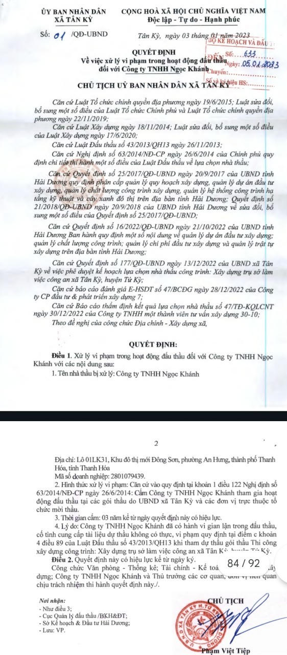 Quyết định cấm thầu 3 năm của UBND xã Tân Kỳ đối với Công ty TNHH Ngọc Khánh.