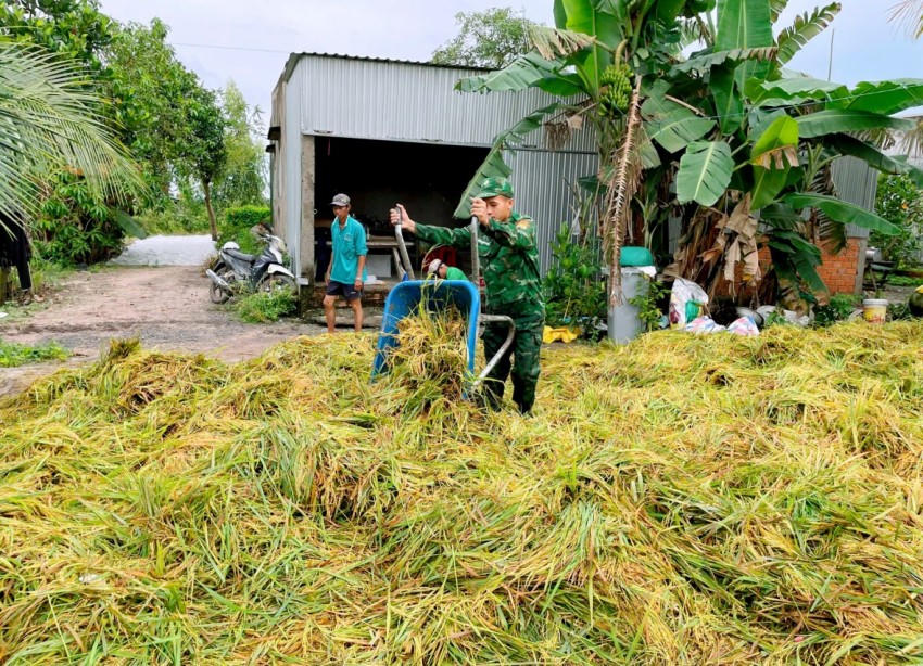 Cán bộ, chiến sĩ hỗ trợ bà con phơi lúa. Ảnh: Nguyễn Thế