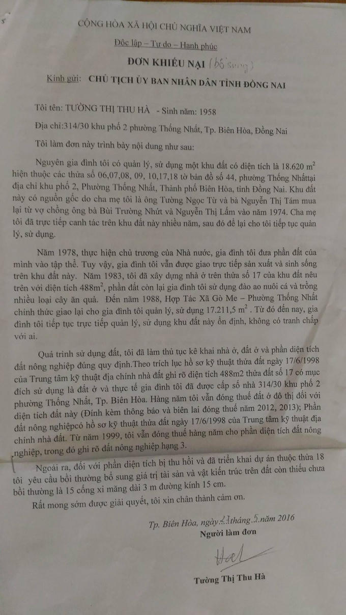 Đơn khiếu nại của bà Tường Thị Thu Hà (người để lại đất thừa kế cho anh Huy, chị Thu Hằng)