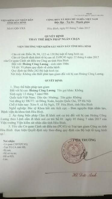 Quyết định thay thế biện pháp ngăn chặn đối với bác sĩ Hoàng Công Lương.