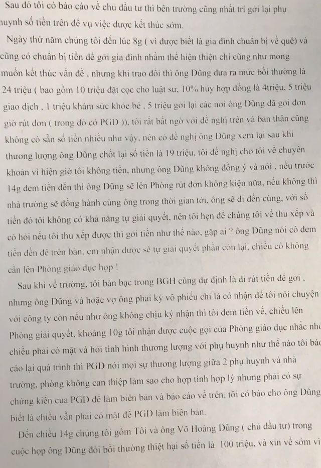 Một phần trong báo của của Trường Mầm non Tây Thạnh 2 về việc phụ huynh gửi đơn tố cáo