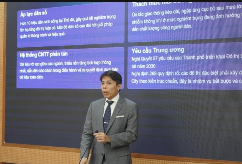Ông Nguyễn Tuấn Huy – Phó Trưởng ban Công nghệ, Tổng Công ty Mobifone trình bày báo cáo khái quát Dự thảo Đề án phát triển đô thị thông minh Thành phố Hà Nội.