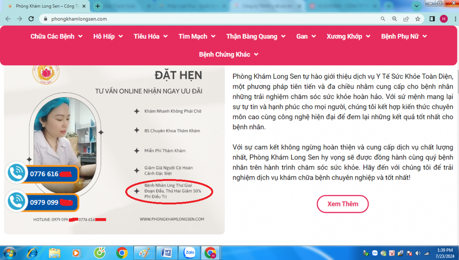 Một số dịch vụ khám chữa bệnh tại Phòng khám Long Sen. Ảnh websitephongkhamlongsen.com