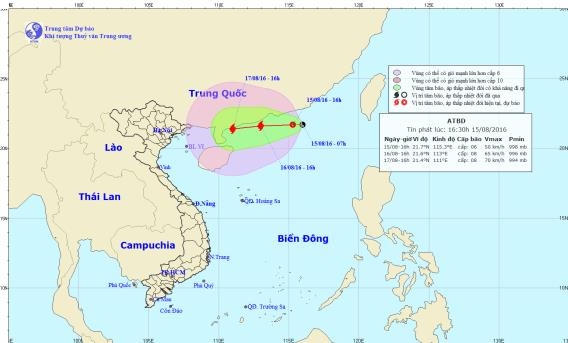 Dự báo trong 24 giờ tới, áp thấp nhiệt đới di chuyển chủ yếu theo hướng Tây, mỗi giờ đi được 10km và có khả năng mạnh lên thành bão. Ảnh: nchmf.gov.vn