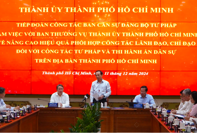Buổi làm việc của Ban Thường vụ Thành ủy TP HCM với Ban Cán sự Đảng Bộ Tư pháp về công tác tư pháp và thi hành án dân sự (Ảnh: V.Q.).