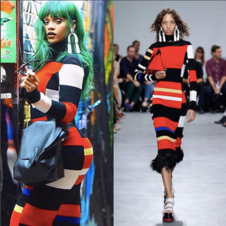 Trang phục nổi bật luôn trở thành lựa chọn hàng đầu của Rihanna mỗi khi xuất hiện trên phố. Vì là một trong "It girl" thế giới nên tầm ảnh hưởng về thời trang của cô đến với giới mộ điệu không hề nhỏ. Set đồ kẻ sọc màu sắc đến từ Proenza Schouler cũng thể hiện cá tính riêng của giọng ca"Diamonds".