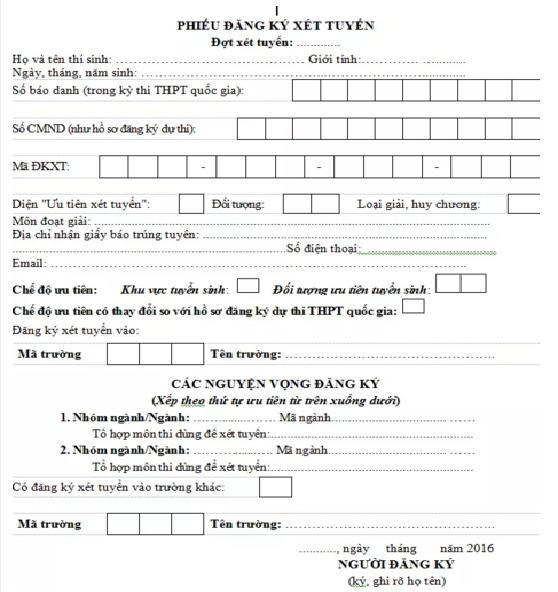 Mẫu Phiếu đăng ký xét tuyển ĐH năm 2016. Ảnh: Dân trí