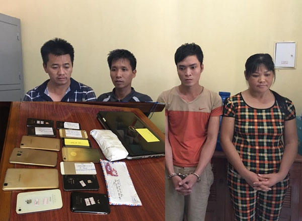 4 đối tượng bị bắt cùng tang vật công an thu được.