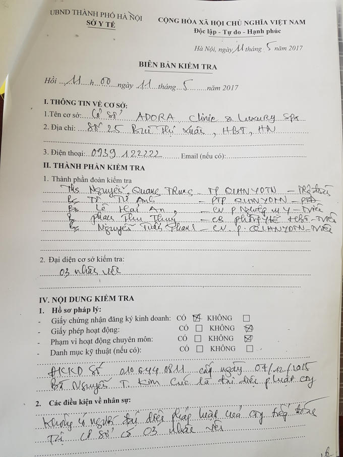 Biên bản kiểm tra của Đoàn kiểm tra xác lập đối với cơ sở thẩm mỹ Adora (25 Bùi Thị Xuân, Hà Nội).