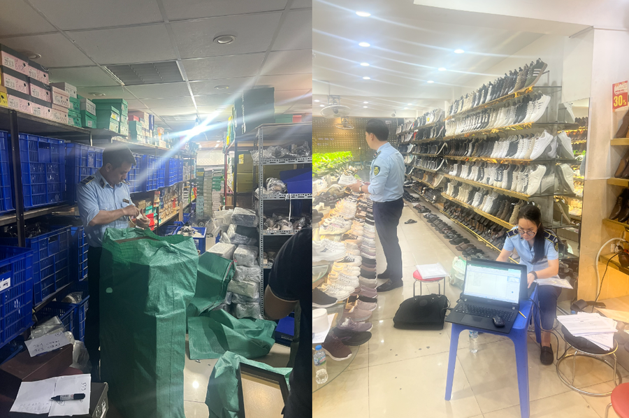 Lực lượng chức năng phát hiện hàng nghìn sản phẩm giày, dép có dấu hiệu giả mạo các nhãn hiệu nổi tiếng tại Cơ sở kinh doanh Tùng Moscow - Số 137 Cầu Giấy, Hà Nội.
