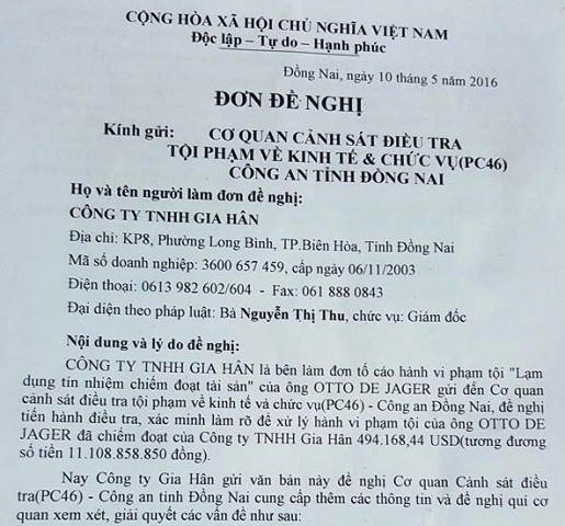 Đơn của công ty Gia Hân gửi đến Công an Đồng Nai tố cáo ông Otto – chồng ca sĩ Thu Minh