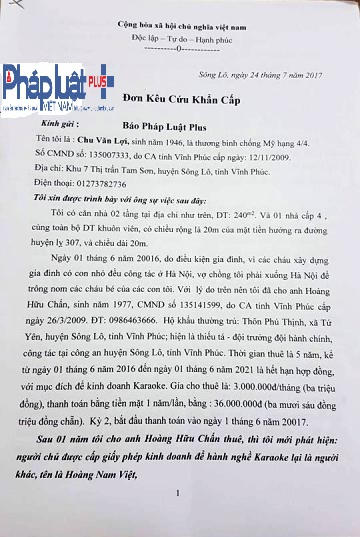 Đơn kêu cứu của ông Chu Văn Lợi  (ảnh: Đào Tấn)