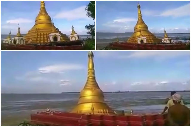 Ngôi chùa bị nước lũ cuốn trôi ở Myanmar. (Ảnh: Straitstimes)