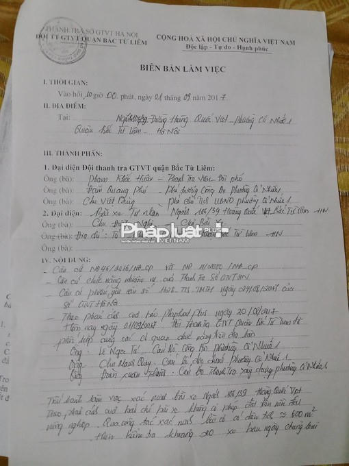 Biên bản làm việc của Đội Thanh tra Giao thông Bắc Từ Liêm