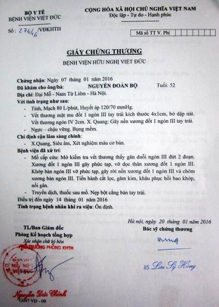 Giấy chứng nhận thương tích của ông Bộ tại BV Hữu Nghị.